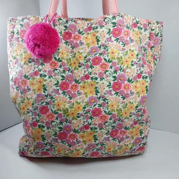 Eccolo Women's Bight Pink Floral Canvas Medium Size Reusable Tote Bag - Picture 4 of 10